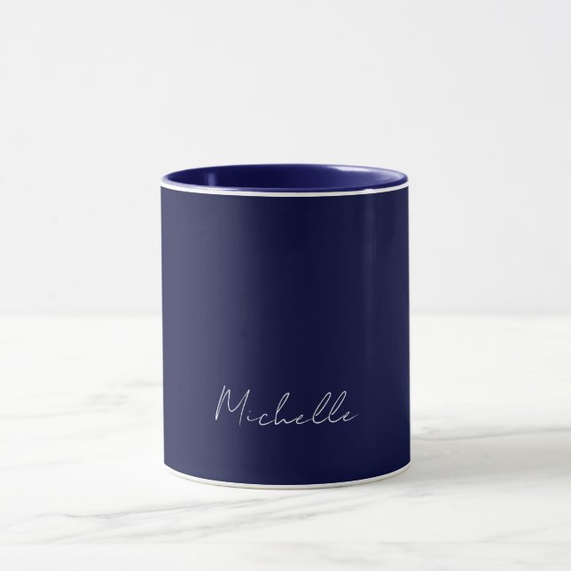 Navy Blue Colour Plain Modern Own Name Calligraphy Mug (Center)