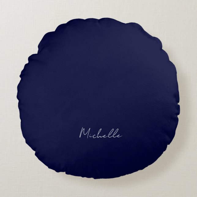 Navy Blue Colour Plain Modern Own Name Calligraphy Round Cushion (Front)