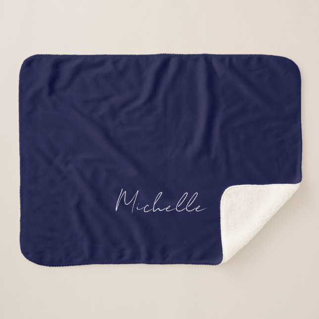 Navy Blue Colour Plain Modern Own Name Calligraphy Sherpa Blanket (Front (Horizontal))