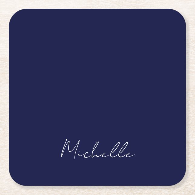 Navy Blue Colour Plain Modern Own Name Calligraphy Square Paper Coaster (Front)