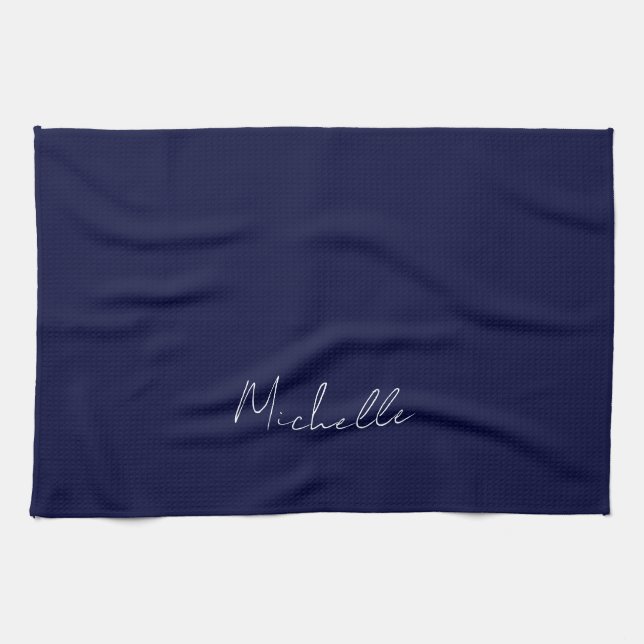 Navy Blue Colour Plain Modern Own Name Calligraphy Tea Towel (Horizontal)