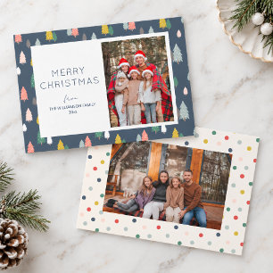 Navy Blue Colourful Christmas Trees Family Photos Holiday Card