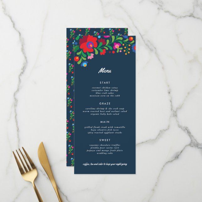 Navy Blue Colourful Mexican Embroidery Dinner Menu (Front/Back In Situ)