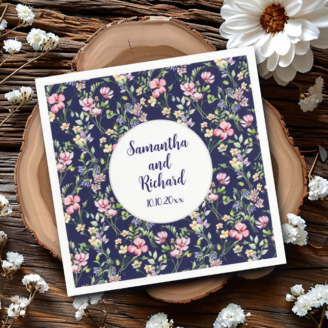 Navy Blue Colourful Watercolor Wildflowers Wedding Napkin (Creator Uploaded)