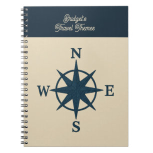 navy blue compass & Beige name Coastal travel Notebook