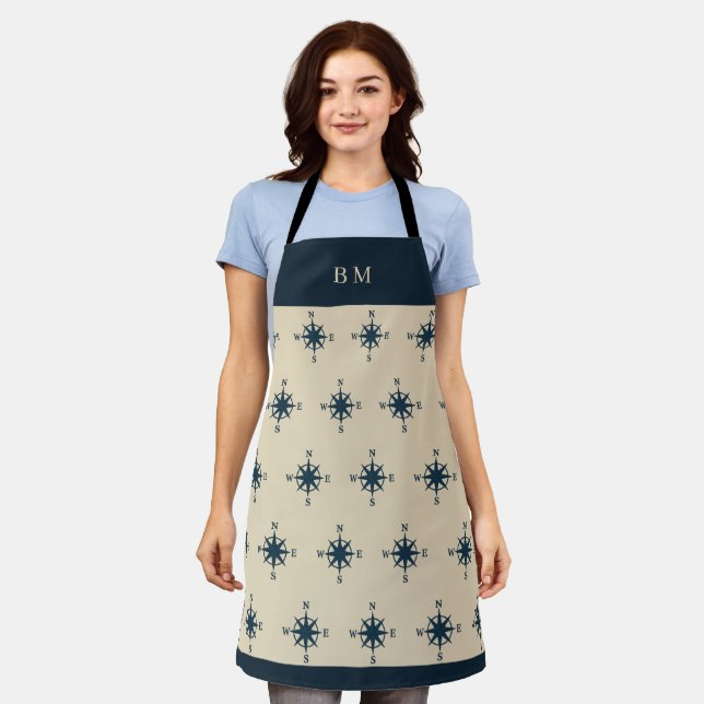 navy blue compass & Monogram Beige Coastal home Apron (Worn)