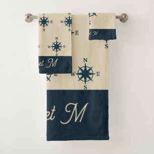 navy blue compass & Monogram Beige Coastal home Bath Towel Set