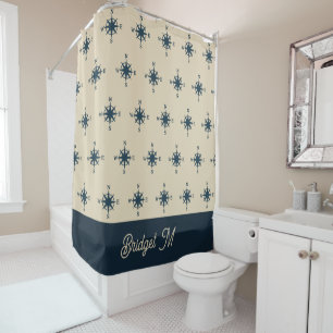 navy blue compass & Monogram Beige Coastal home Shower Curtain