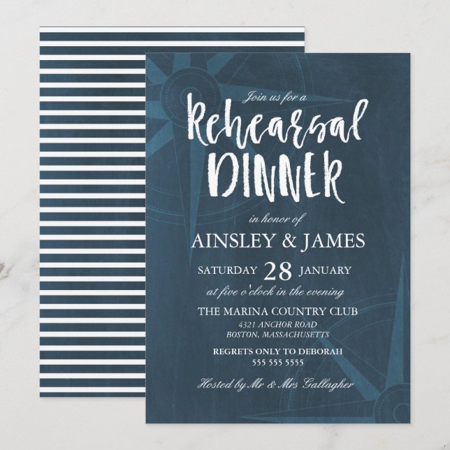 Navy Blue Compass Nautical Rehearsal Dinner Invitation (Front/Back)