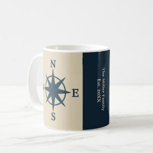 navy blue compass on beige & Family Name Year Coffee Mug