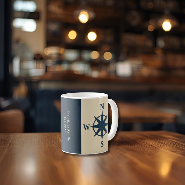 navy blue compass on beige & Family Name Year Coffee Mug (Creator Uploaded)