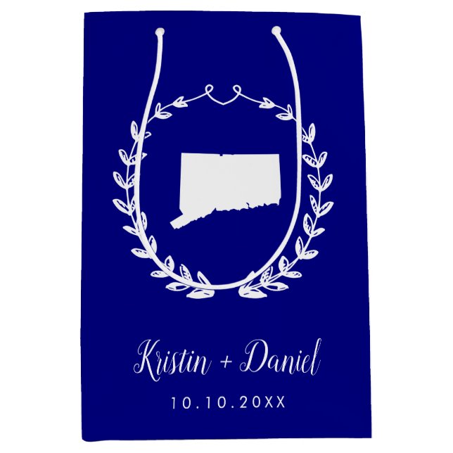 Navy Blue Connecticut Map Wedding Welcome Swag Medium Gift Bag (Front)