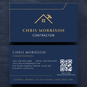 Navy Blue Contractor Construction QR Code Business Card