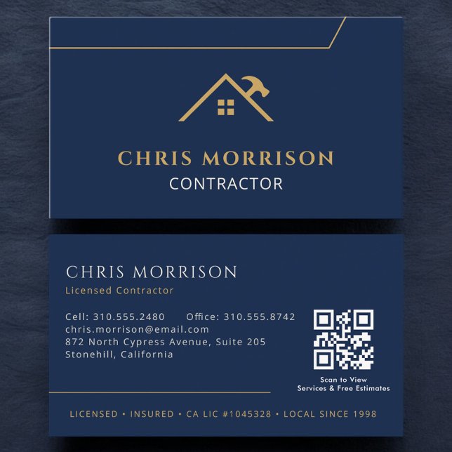 Navy Blue Contractor Construction QR Code Business Card (Creator Uploaded)