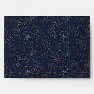 Navy Blue Copper Gold Roses Invitation Matching Envelope