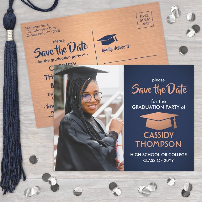 Navy Blue & Copper Graduation Photo Save the Date Postcard (Creator Uploaded)