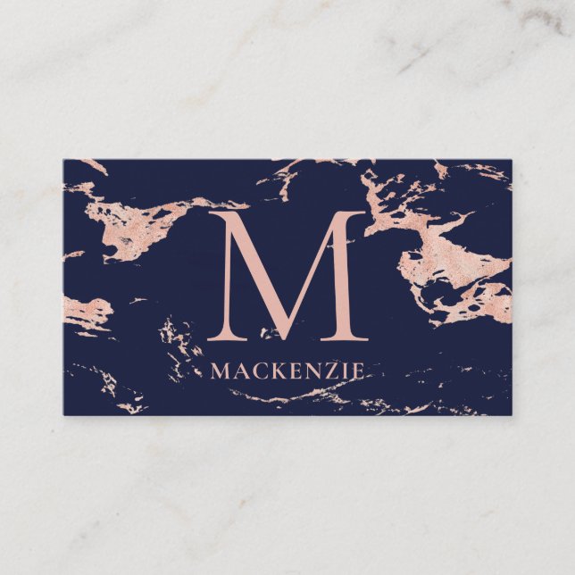 Navy Blue Copper Rose Gold Foil Marble Monogram Business Card (Front)