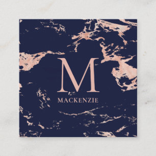 Navy Blue Copper Rose Gold Foil Marble Monogram Square Business Card