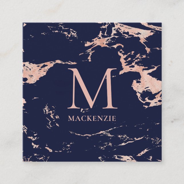 Navy Blue Copper Rose Gold Foil Marble Monogram Square Business Card (Front)