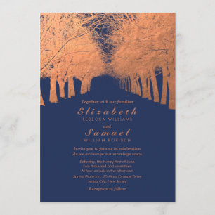 Navy Blue Copper Trees Avenue Wedding Invitation