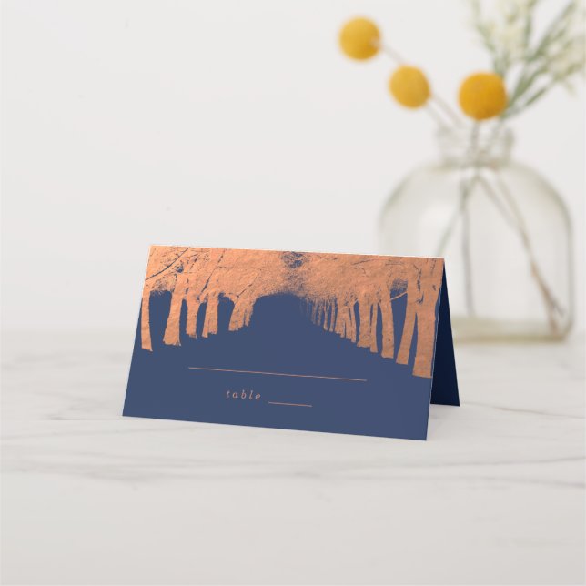Navy Blue Copper Trees Avenue Wedding Place Cards (Front)