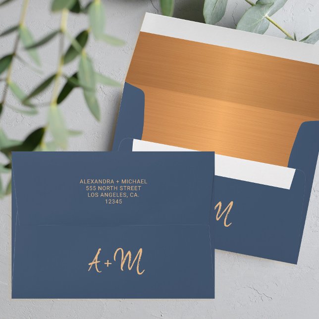 Navy blue copper typography monogram wedding envelopes (Creator Uploaded)