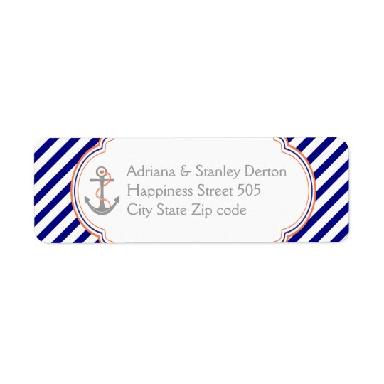 Navy blue, coral anchor nautical wedding return address label