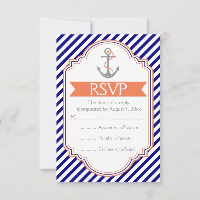 Navy blue, coral anchor nautical wedding RSVP (Front)