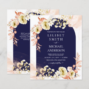 Navy Blue Coral Boho Floral Wedding Invites