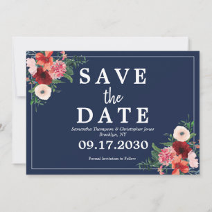 Navy Blue Coral Burgundy Floral Photo Wedding Save The Date