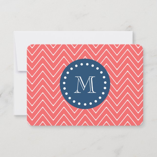 Navy Blue, Coral Chevron Pattern | Your Monogram Card (Front)