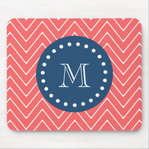 Navy Blue, Coral Chevron Pattern   Your Monogram Mouse Mat
