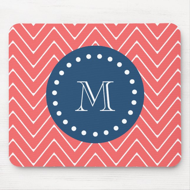 Navy Blue, Coral Chevron Pattern | Your Monogram Mouse Mat (Front)