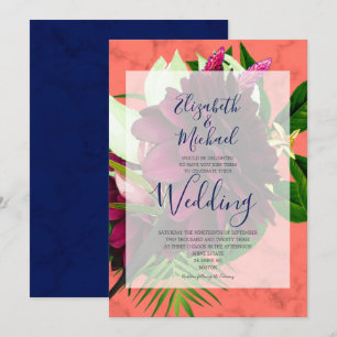 Navy Blue Coral Floral Elegant Modern Wedding Invitation