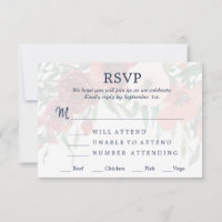 Navy Blue Coral Floral RSVP Meal Choice Wedding
