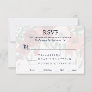Navy Blue Coral Floral RSVP Meal Choice Wedding Card