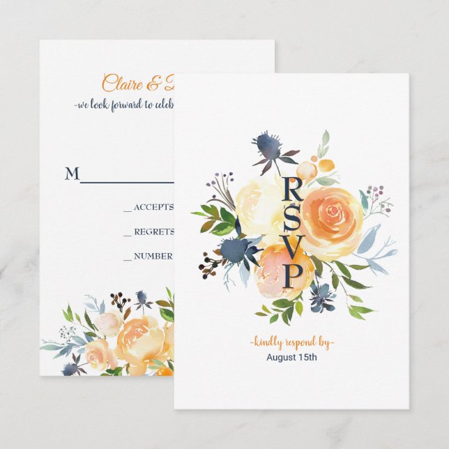 Navy Blue Coral Floral Wedding RSVP Card (Front/Back)