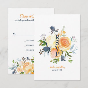 Navy Blue Coral Floral Wedding RSVP Card