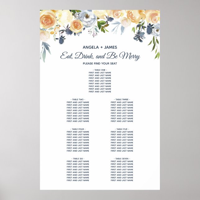 Navy Blue Coral Floral Wedding Seating Chart (Front)