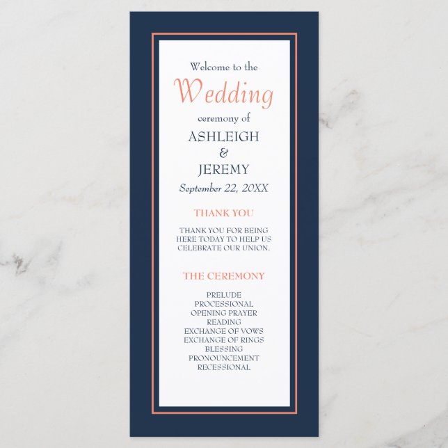 Navy Blue Coral Modern Minimalist Wedding Programme (Front)