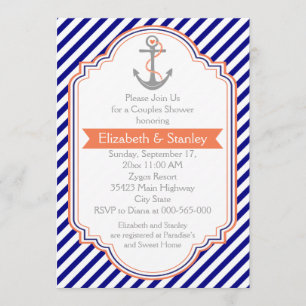 Navy blue, coral nautical couples wedding shower invitation