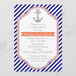 Navy blue, coral nautical wedding bridal shower invitation