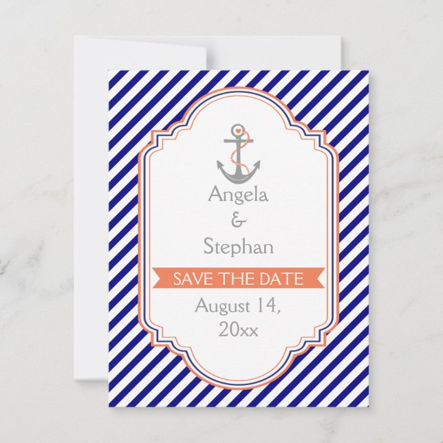 Navy blue, coral nautical wedding Save the Date (Front)