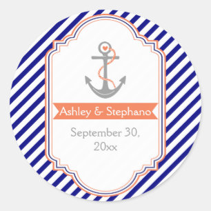Navy blue, coral nautical wedding Save the Date Classic Round Sticker