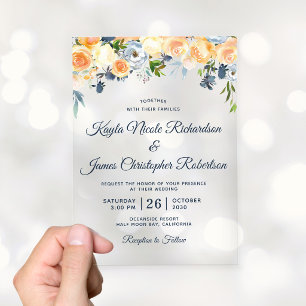 Navy Blue Coral Peach Watercolor Floral Wedding Acrylic Invitations