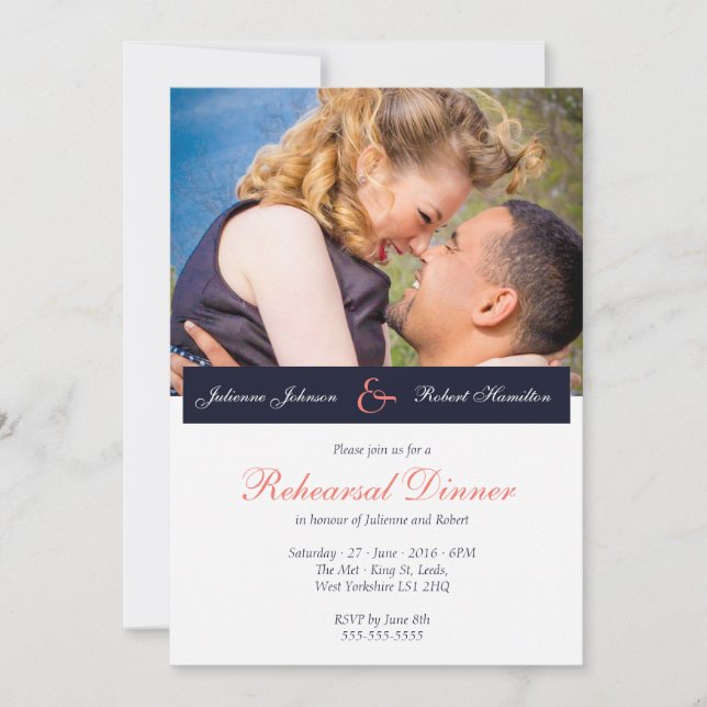 Navy Blue Coral Photo Rehearsal Dinner Invitation (Front)