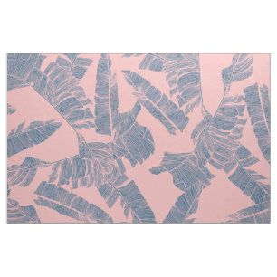 Navy Blue Coral Pink Banana Leaves Pattern Fabric