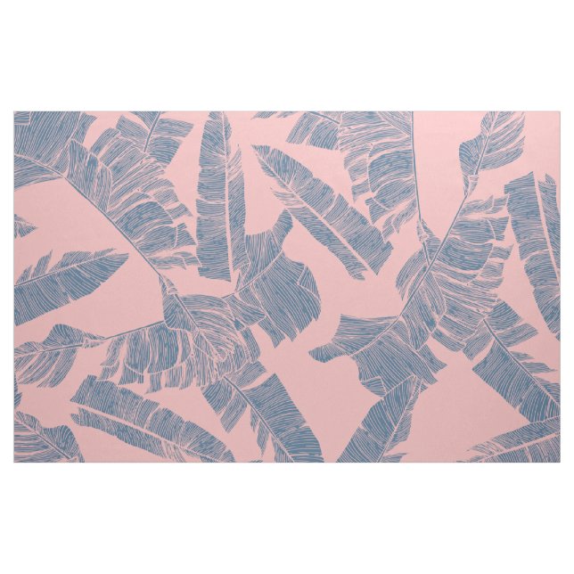 Navy Blue Coral Pink Banana Leaves Pattern Fabric (Yard)