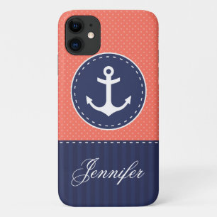 Navy Blue Coral Pink Pattern Anchor Customisable iPhone 11 Case