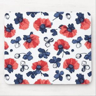 Navy Blue & Coral Poppy Floral Vintage Mouse Mat